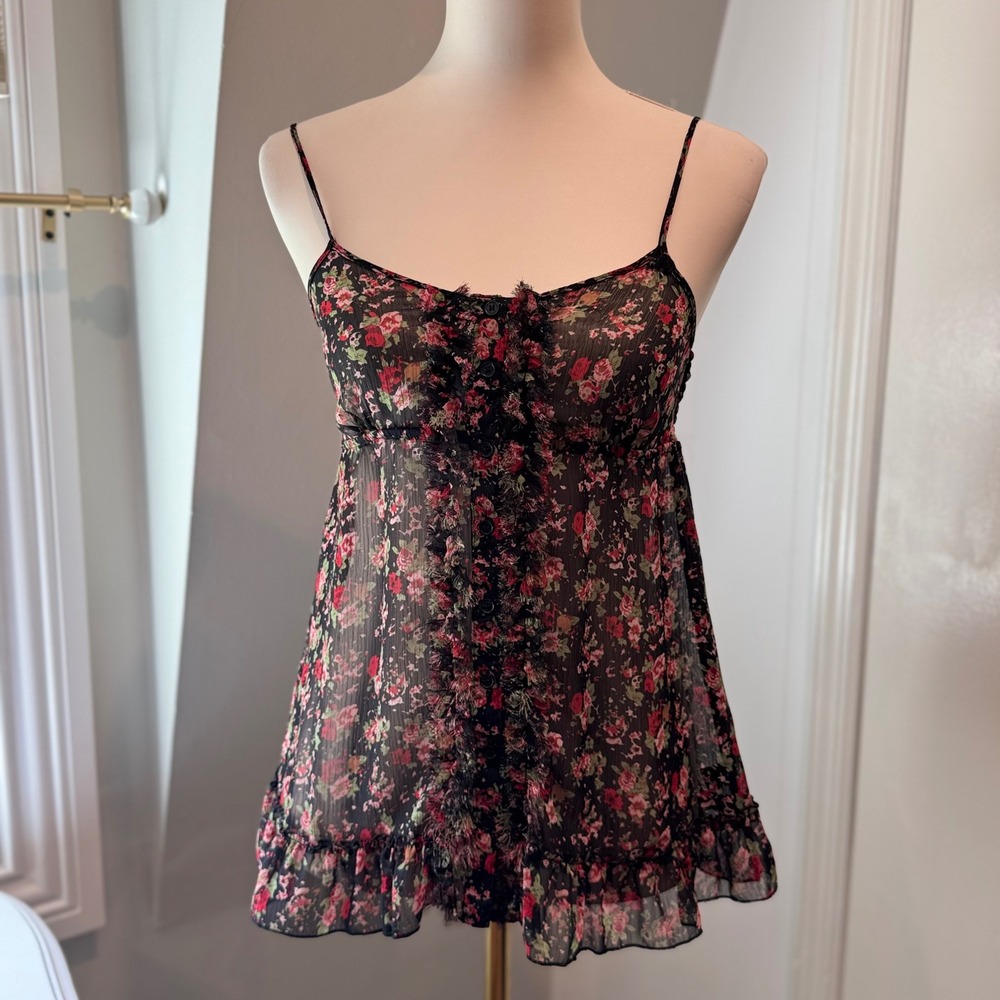 Express Sheer Floral Babydoll Cami Top Black Rose Print Smocked Back Size XS